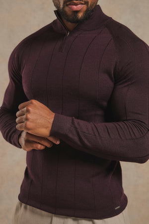 Extra Fine Merino Wool Ribbed Half Zip Neck Jumper in Dark Bordeaux