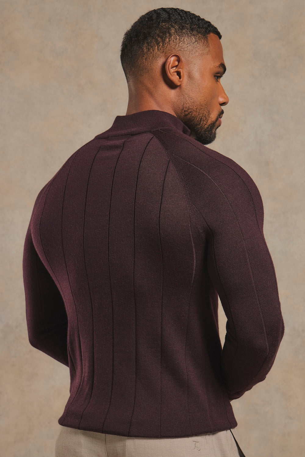 Extra Fine Merino Wool Ribbed Half Zip Neck Jumper in Dark Bordeaux