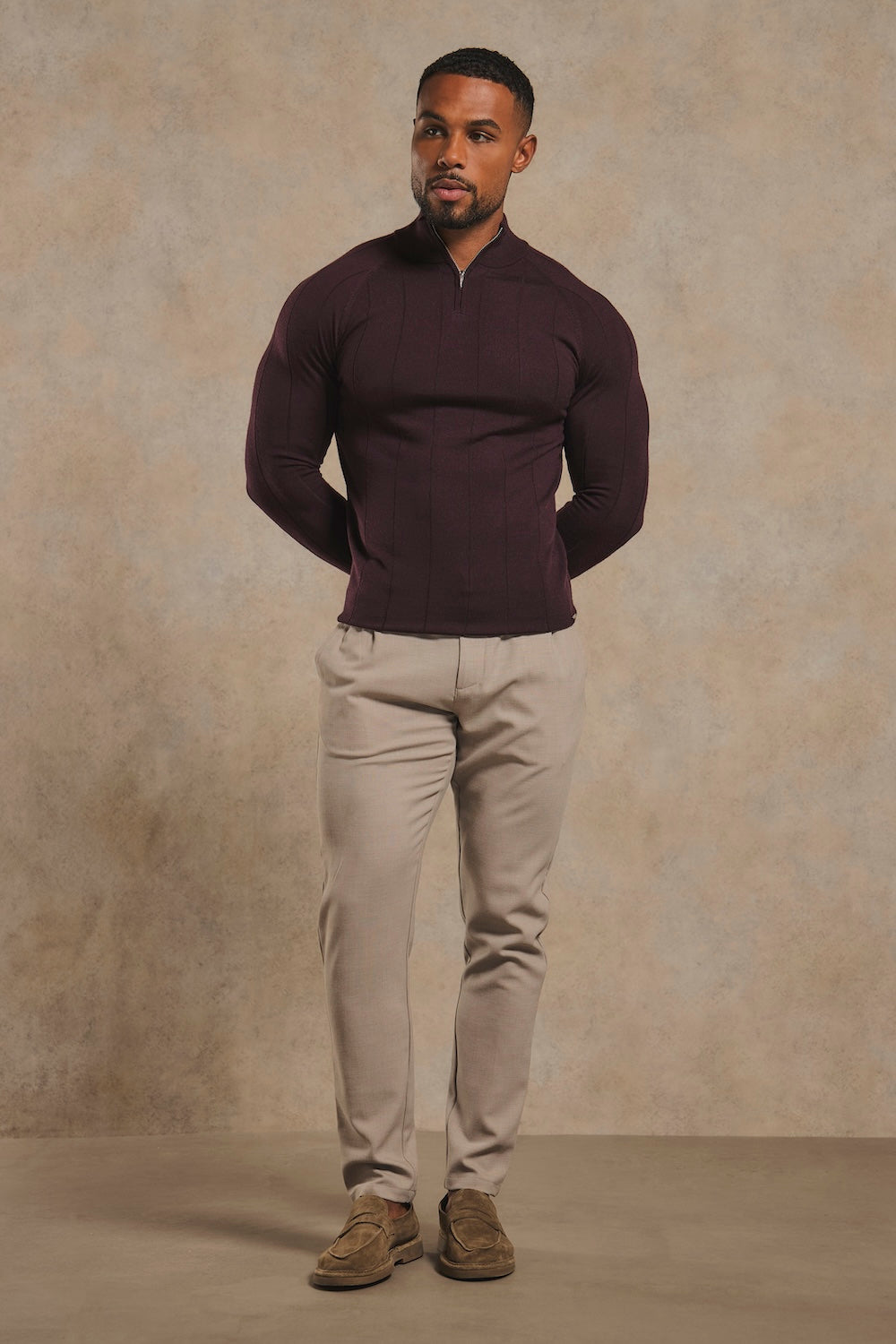 Extra Fine Merino Wool Ribbed Half Zip Neck Jumper in Dark Bordeaux