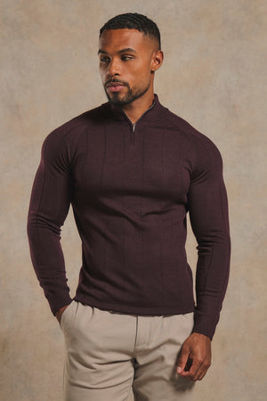 Extra Fine Merino Wool Ribbed Half Zip Neck Jumper in Dark Bordeaux