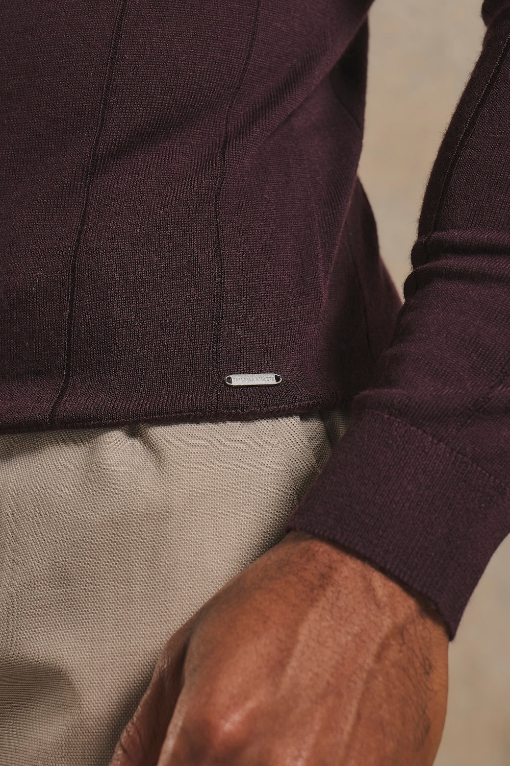 Extra Fine Merino Wool Ribbed Half Zip Neck Jumper in Dark Bordeaux