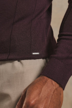 Extra Fine Merino Wool Ribbed Half Zip Neck Jumper in Dark Bordeaux