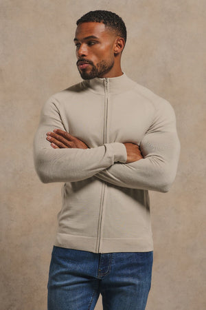 Extra Fine Merino Wool Knitted Zip Through in Alabaster