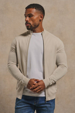 Extra Fine Merino Wool Knitted Zip Through in Alabaster