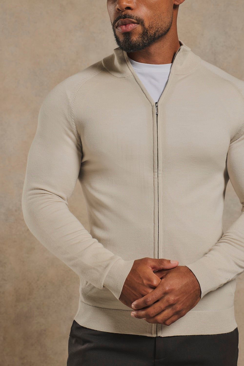 Extra Fine Merino Wool Knitted Zip Through in Alabaster