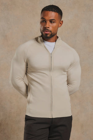 Extra Fine Merino Wool Knitted Zip Through in Alabaster