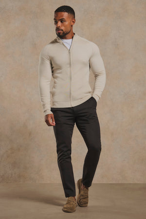 Extra Fine Merino Wool Knitted Zip Through in Alabaster