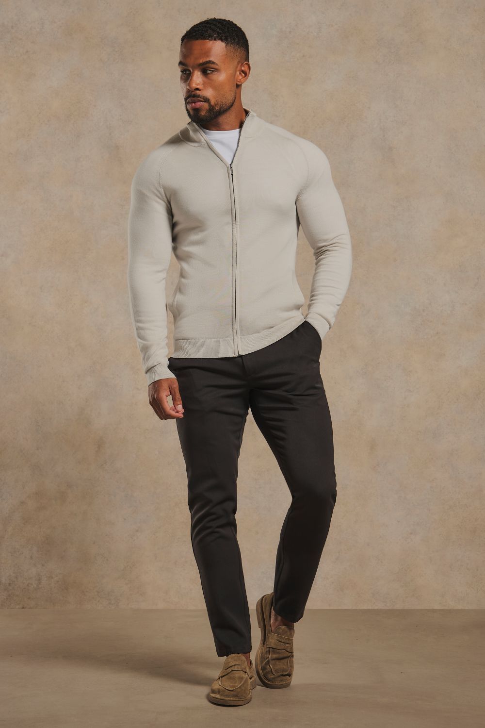 Extra Fine Merino Wool Knitted Zip Through in Alabaster