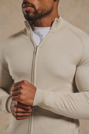 Extra Fine Merino Wool Knitted Zip Through in Alabaster