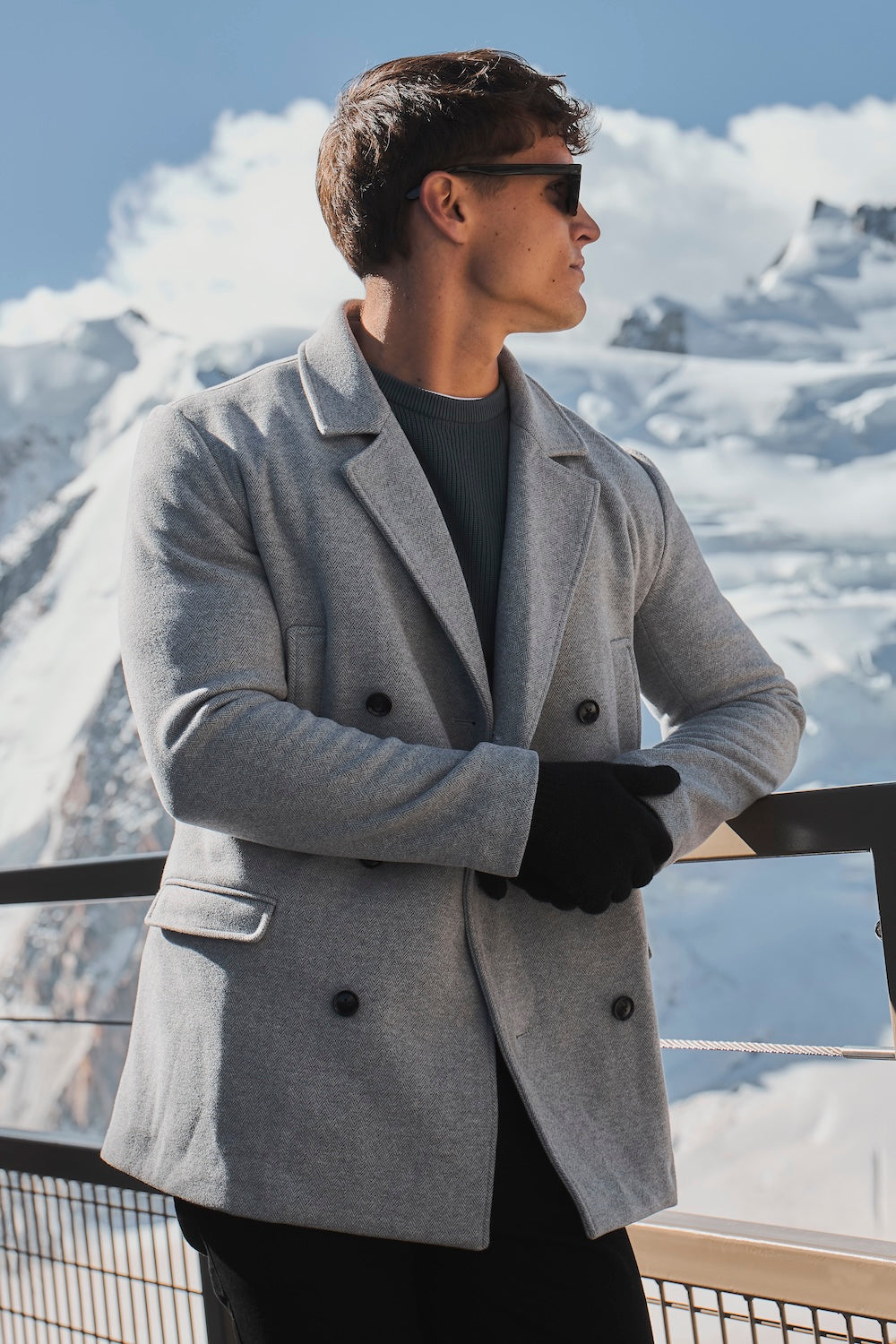 Double Breasted Herringbone Peacoat in Soft Grey