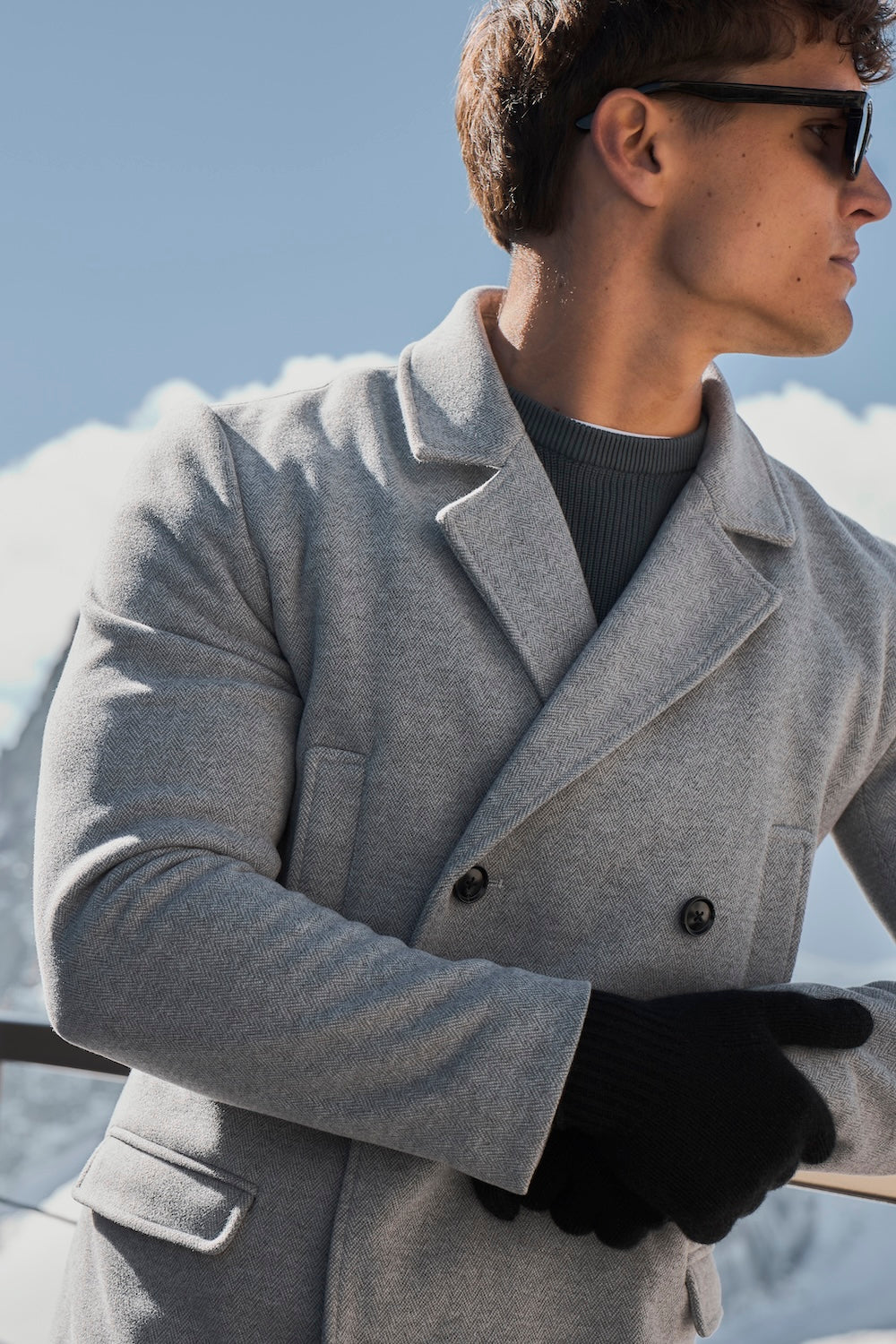 Double Breasted Herringbone Peacoat in Soft Grey