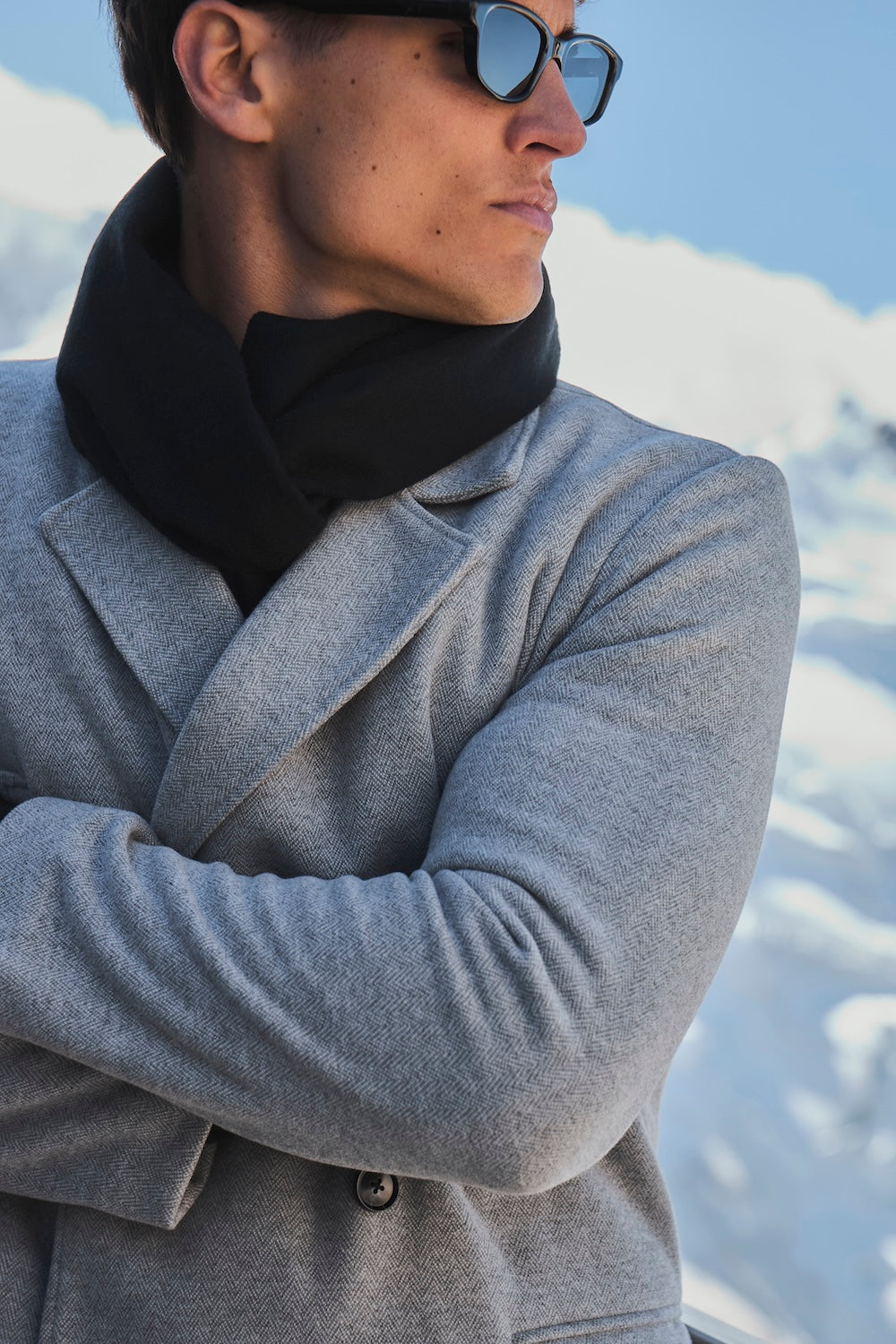 Double Breasted Herringbone Peacoat in Soft Grey