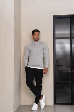Pure Cotton Knitted Half Zip Neck Jumper in Silver Grey Marl