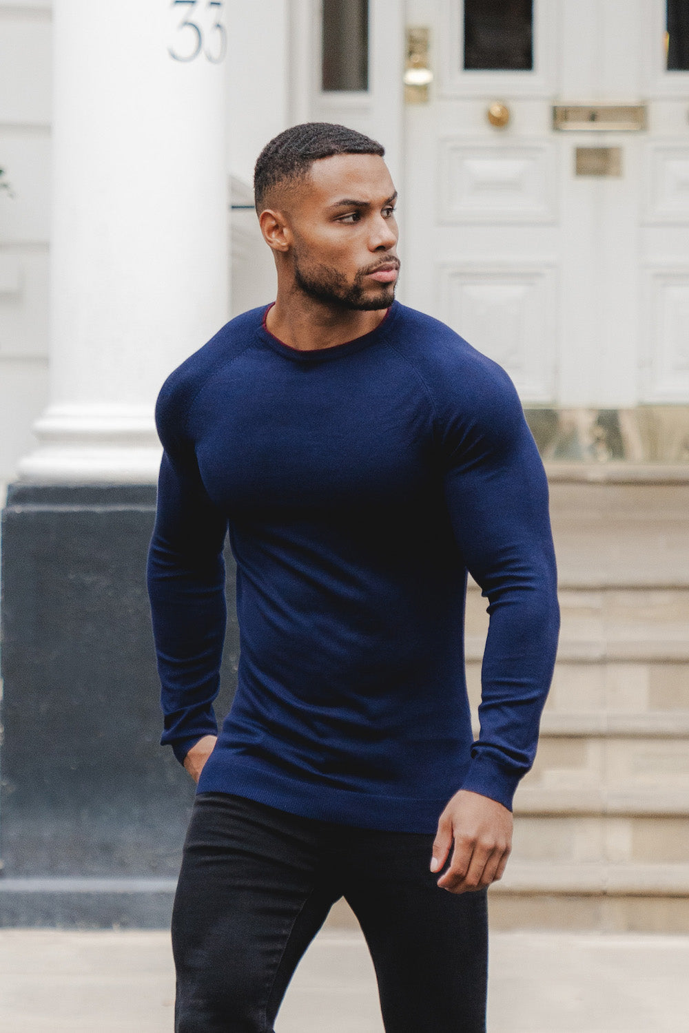 Tipped Crew Neck (LS) in Navy - TAILORED ATHLETE - ROW
