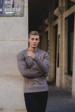 Wool Blend Chunky Cable Crew Neck in Dark Oatmeal - TAILORED ATHLETE - ROW