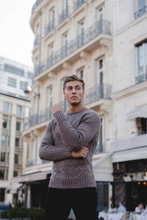 Wool Blend Chunky Cable Crew Neck in Dark Oatmeal - TAILORED ATHLETE - ROW