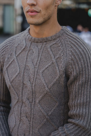 Wool Blend Chunky Cable Crew Neck in Dark Oatmeal - TAILORED ATHLETE - ROW