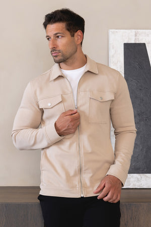 Interlock Jersey Zip Through Shacket in Stone