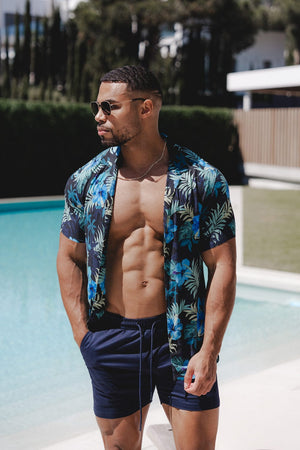 Printed Shirt in Navy Tropical Palms - TAILORED ATHLETE - ROW