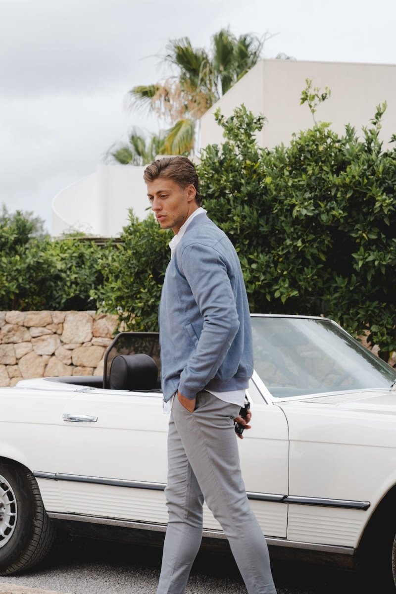 Suede Look Bomber Jacket in Slate Blue - TAILORED ATHLETE - ROW
