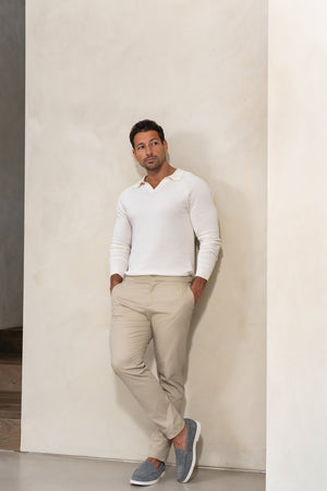 Pure Cotton Knitted Open Collar Polo Shirt in Winter White