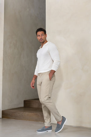 Pure Cotton Knitted Open Collar Polo Shirt in Winter White