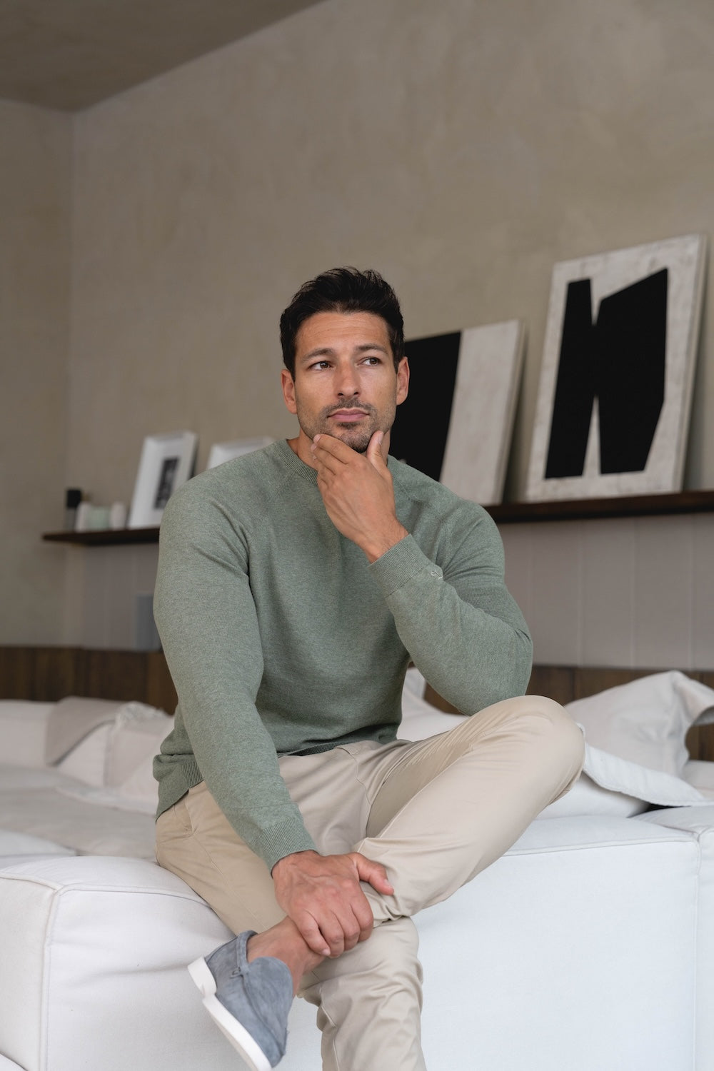 Pure Cotton Knitted Crew Neck Jumper in Sage Marl