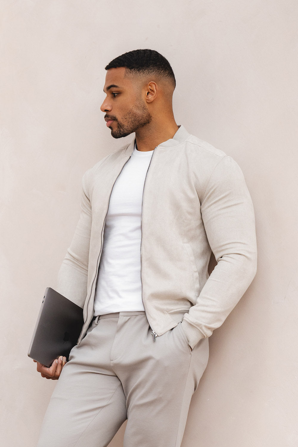 Suede Look Bomber Jacket in Stone - TAILORED ATHLETE - ROW