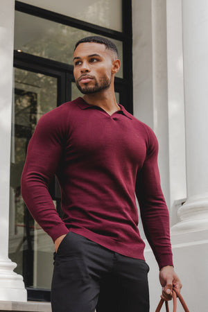 Buttonless Open Collar Polo Shirt in Claret