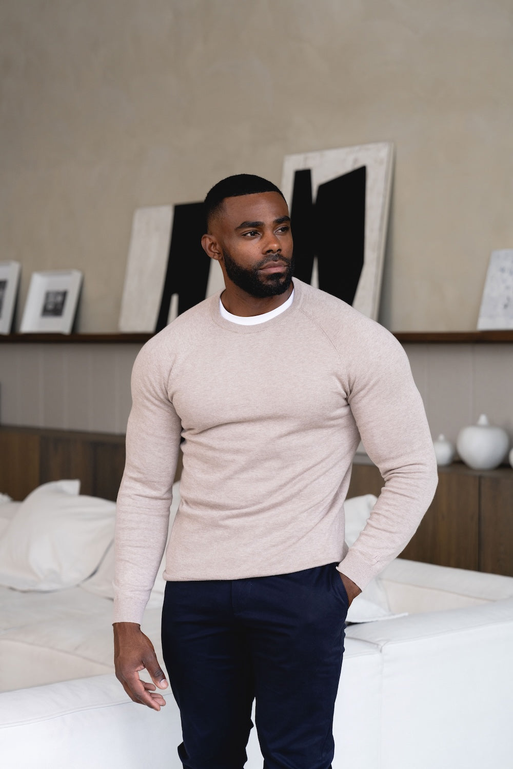 Pure Cotton Knitted Crew Neck Jumper in Neutral Marl