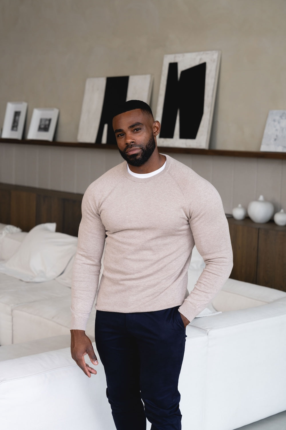 Pure Cotton Knitted Crew Neck Jumper in Neutral Marl