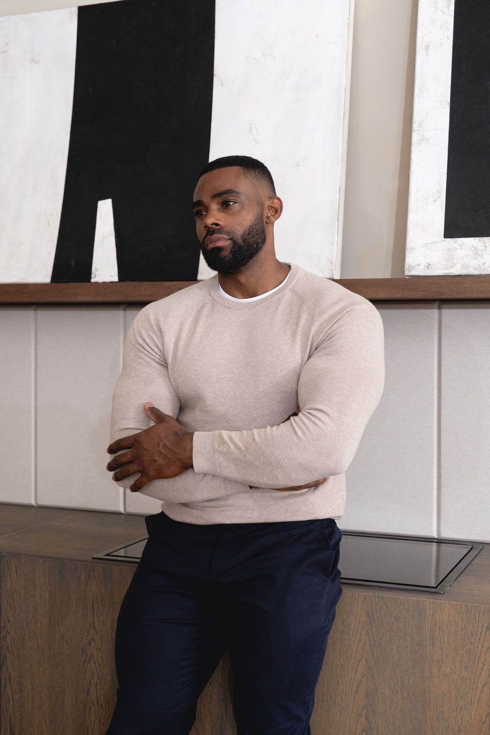 Pure Cotton Knitted Crew Neck Jumper in Neutral Marl