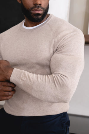 Pure Cotton Knitted Crew Neck Jumper in Neutral Marl
