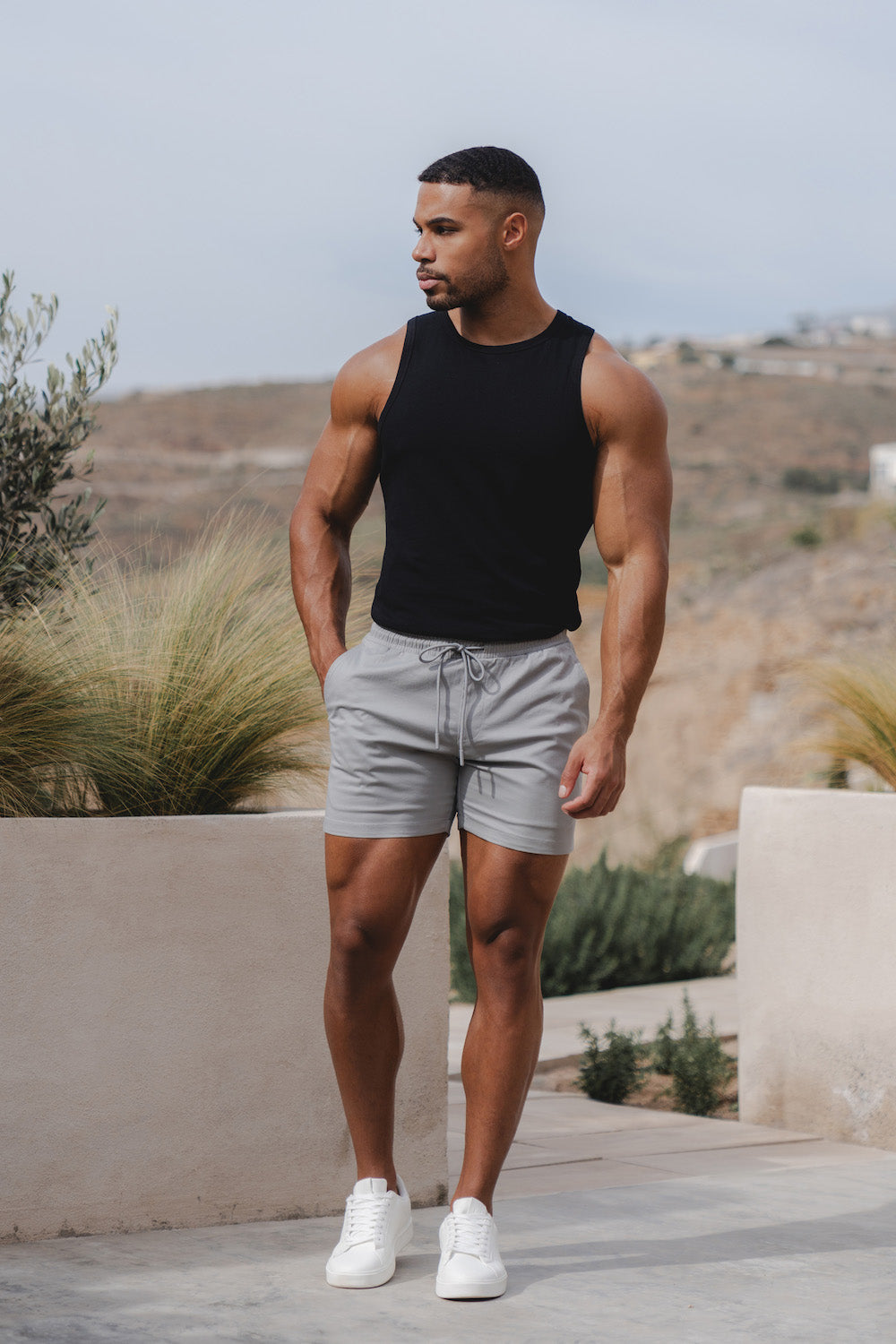 Muscle Fit Drawstring Chino Short - Shorter Length in Pale Grey - TAILORED ATHLETE - ROW