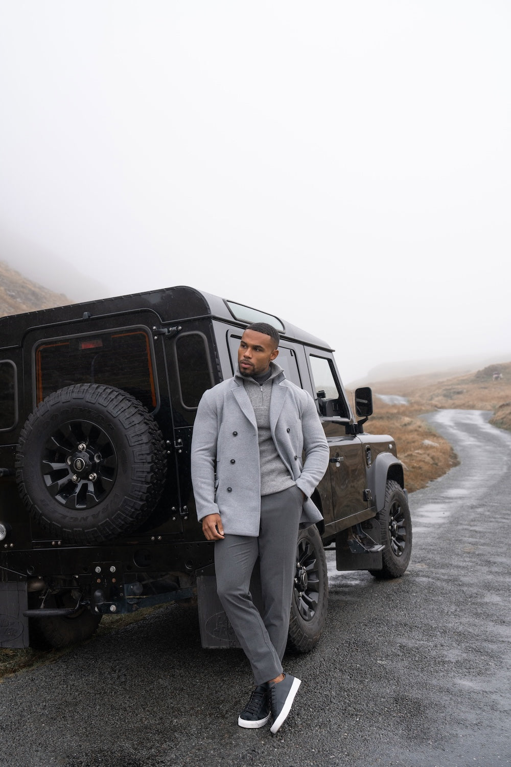 Double Breasted Herringbone Peacoat in Soft Grey