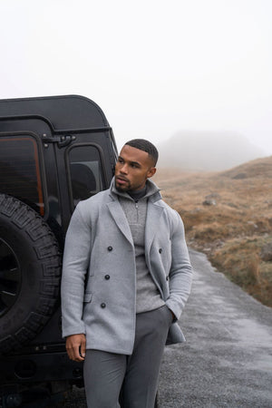 Double Breasted Herringbone Peacoat in Soft Grey