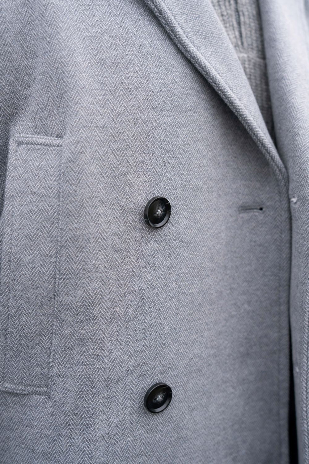 Double Breasted Herringbone Peacoat in Soft Grey