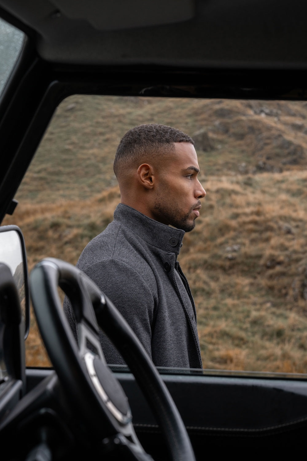 Herringbone Funnel Neck Overcoat in Charcoal