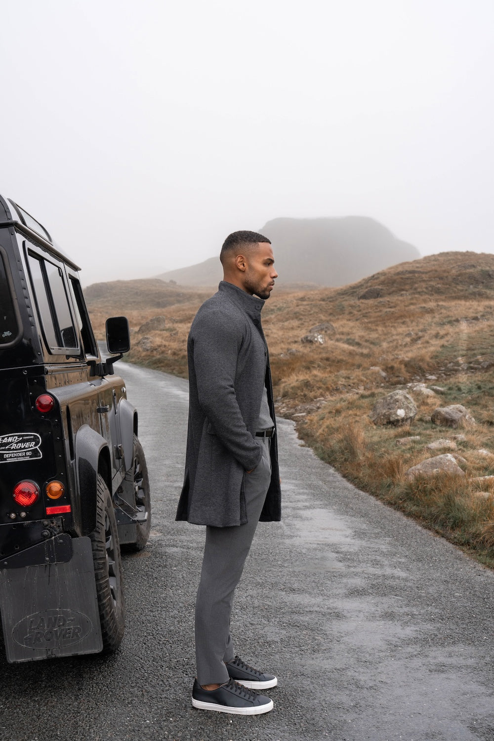 Herringbone Funnel Neck Overcoat in Charcoal