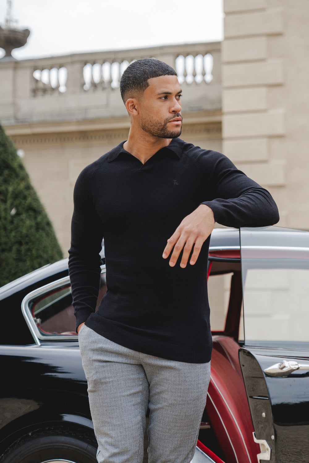 Buttonless Open Collar Polo (LS) in Black - TAILORED ATHLETE - ROW