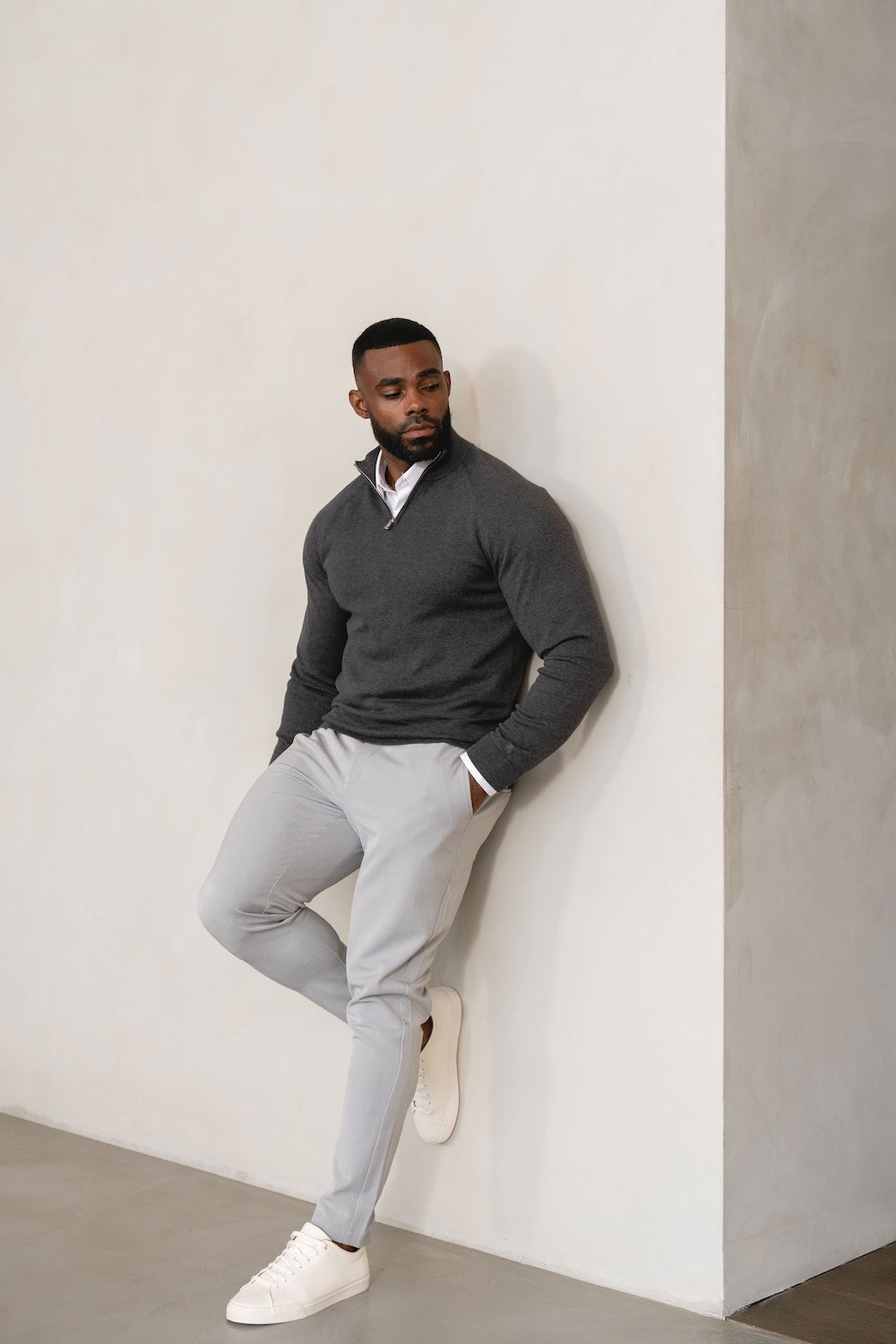 Pure Cotton Knitted Half Zip Neck Jumper in Dark Charcoal Marl