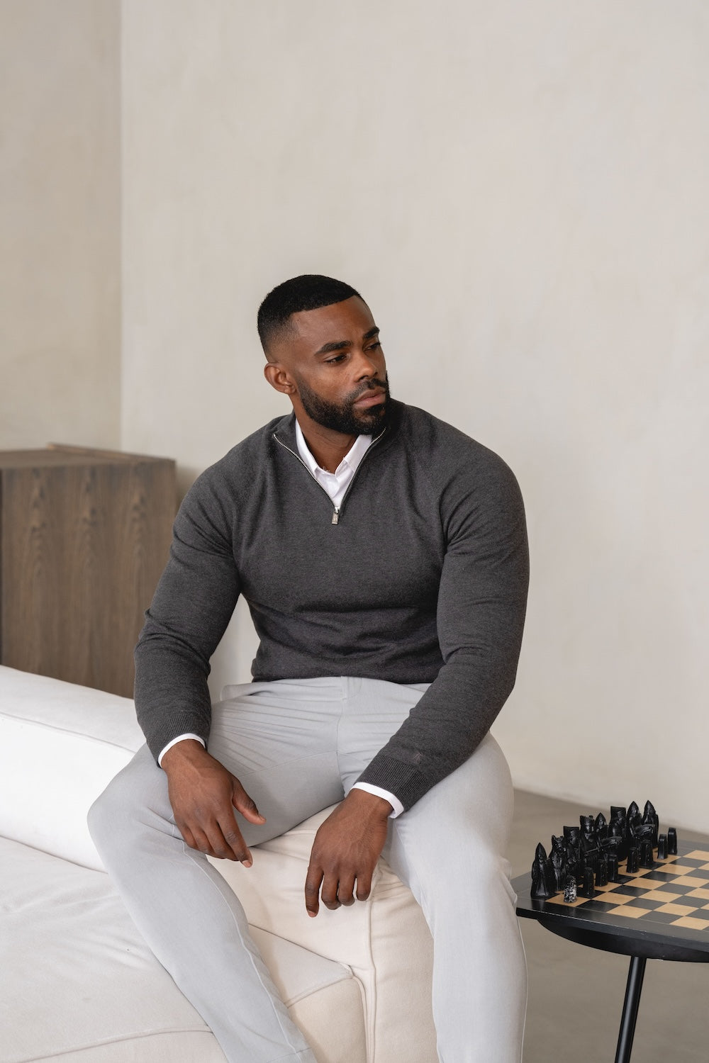 Pure Cotton Knitted Half Zip Neck Jumper in Dark Charcoal Marl