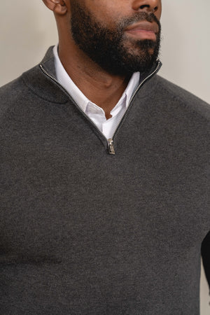 Pure Cotton Knitted Half Zip Neck Jumper in Dark Charcoal Marl