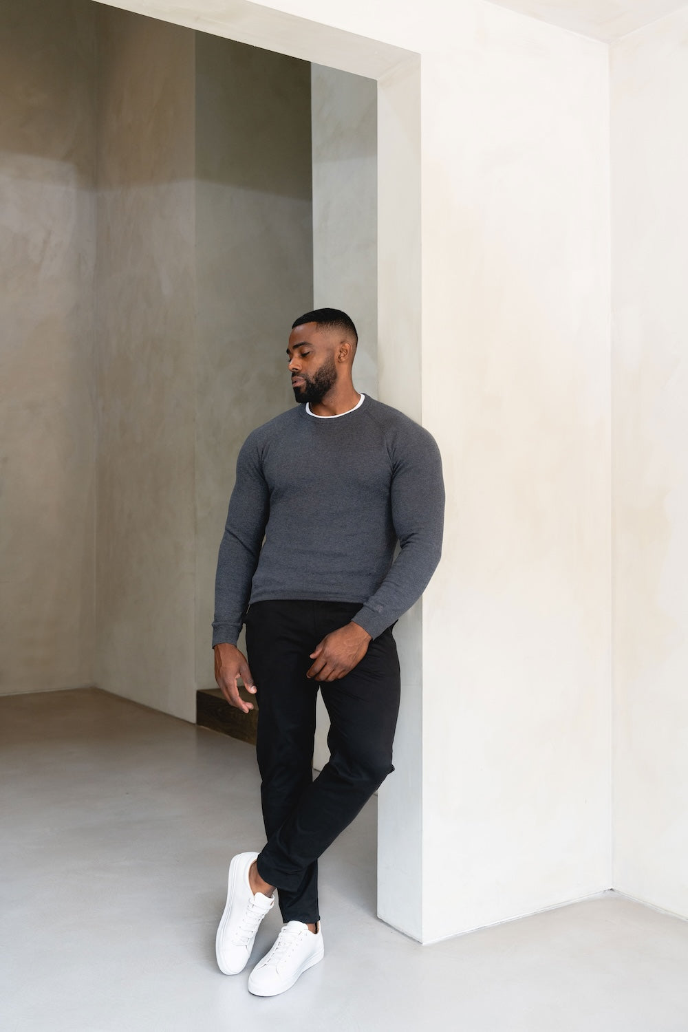 Pure Cotton Knitted Crew Neck Jumper in Dark Charcoal Marl