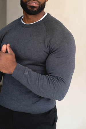 Pure Cotton Knitted Crew Neck Jumper in Dark Charcoal Marl