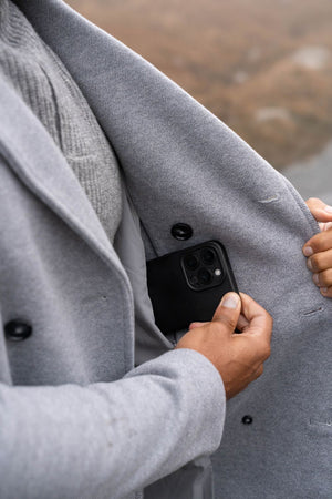 Double Breasted Herringbone Peacoat in Soft Grey