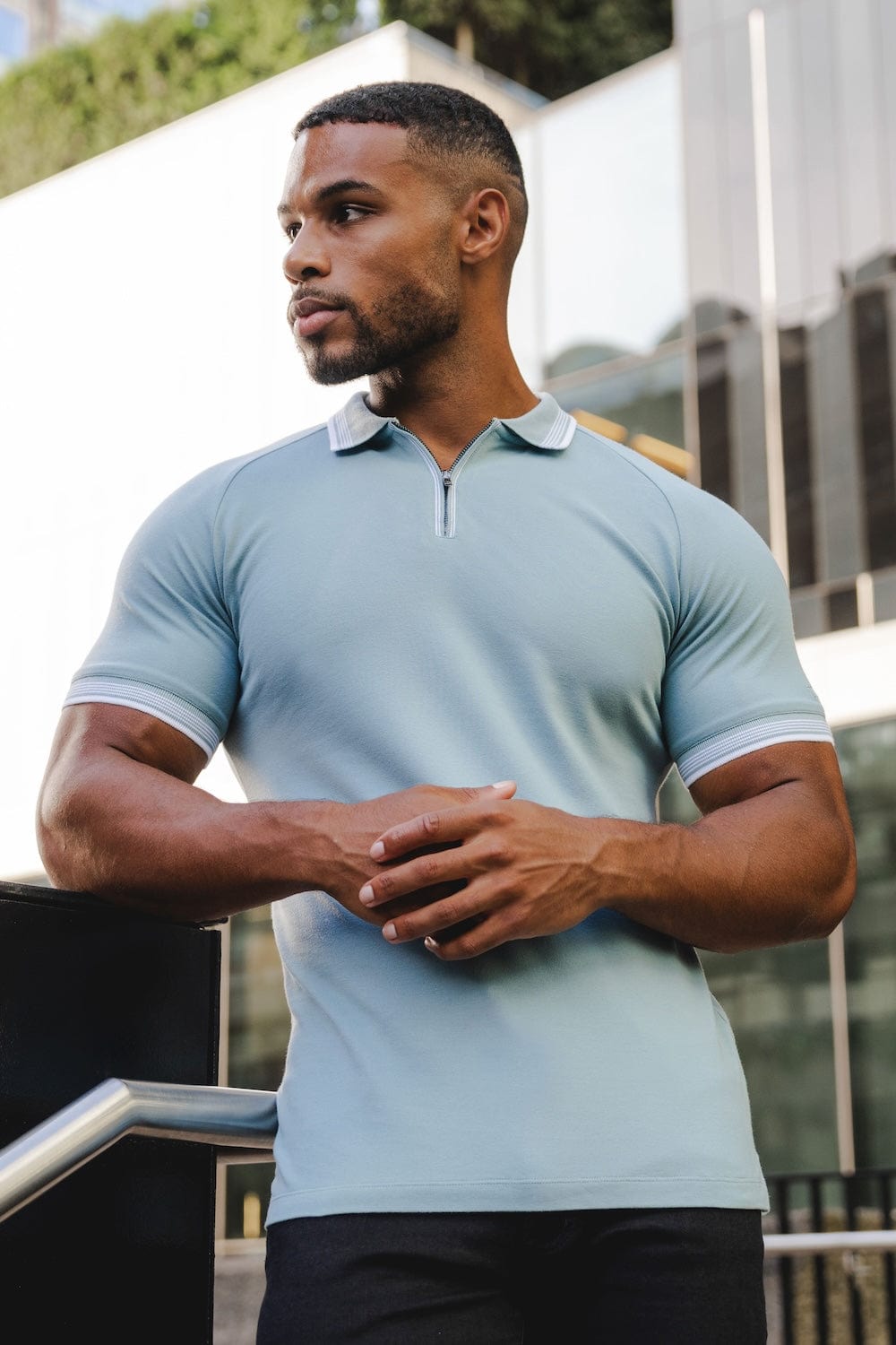 Stripe Tipped Zip Neck Polo Shirt in Aqua - TAILORED ATHLETE - ROW