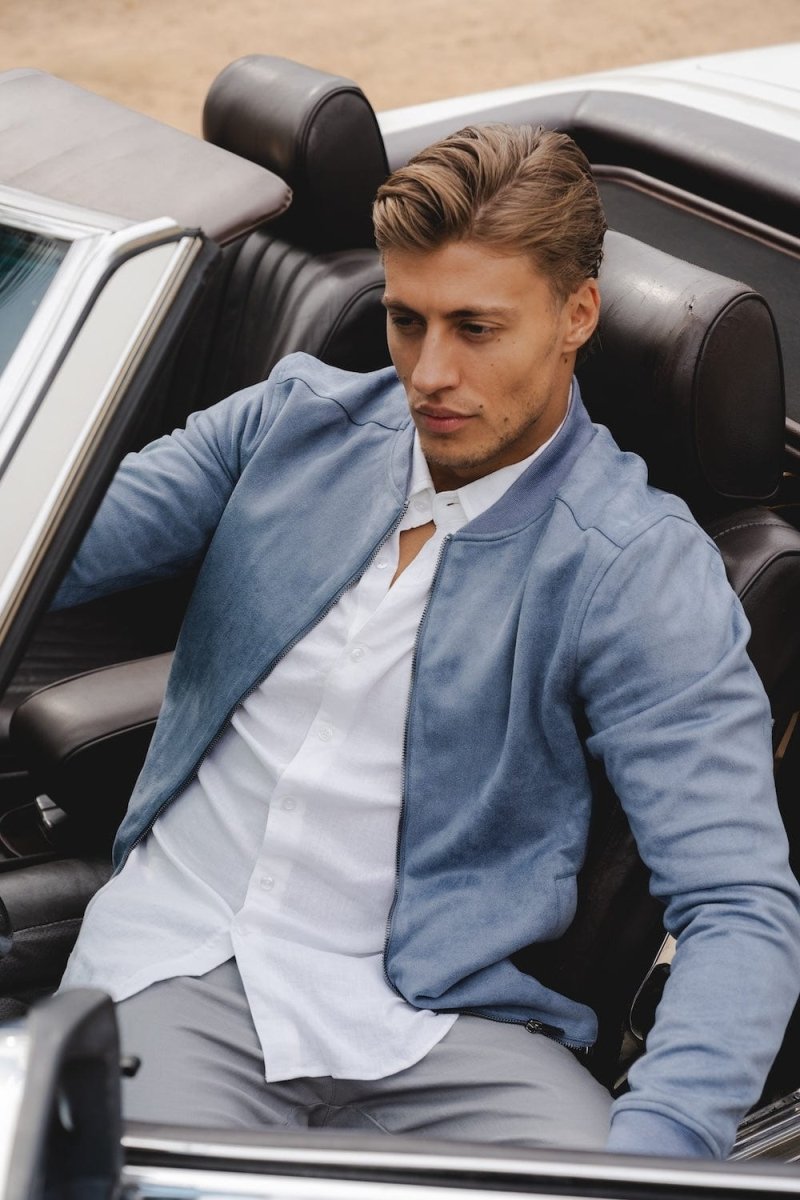 Suede Look Bomber Jacket in Slate Blue - TAILORED ATHLETE - ROW