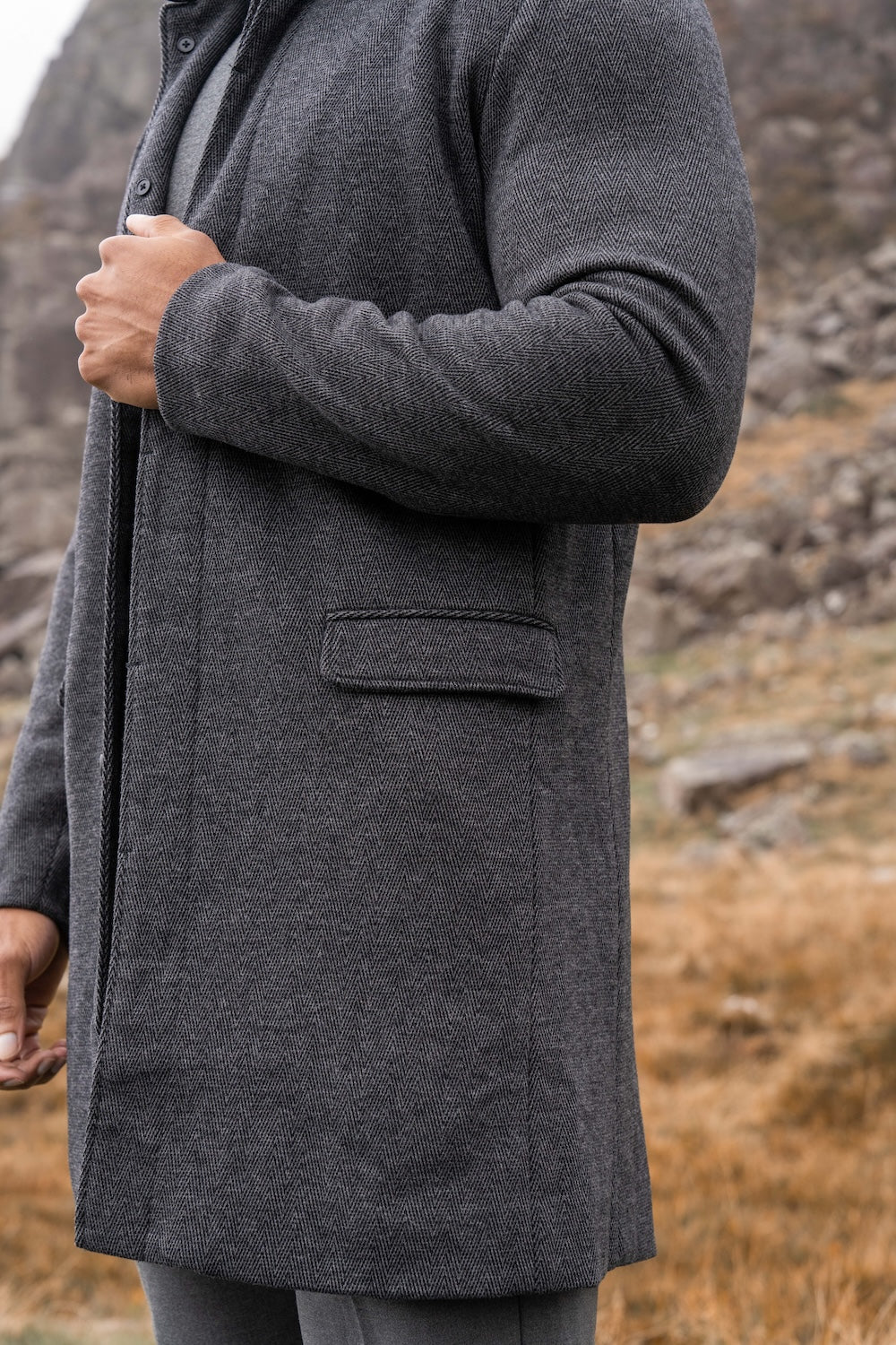 Herringbone Funnel Neck Overcoat in Charcoal
