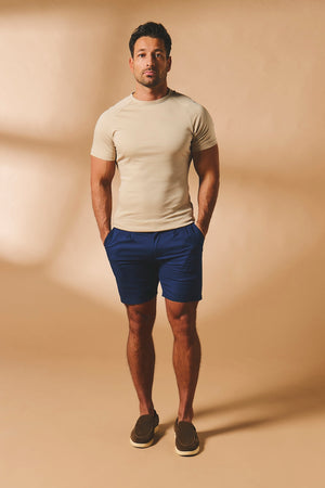 Smart Pleated Cotton Side Adjust Shorts in Navy